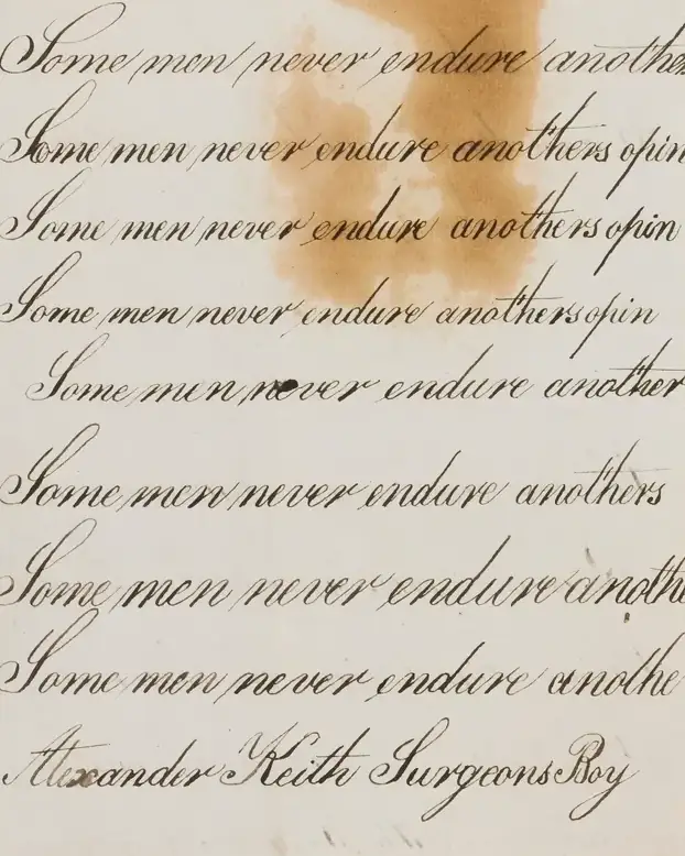 A nineteenth-century copybook page with one sentence written out in copperplate, line after line