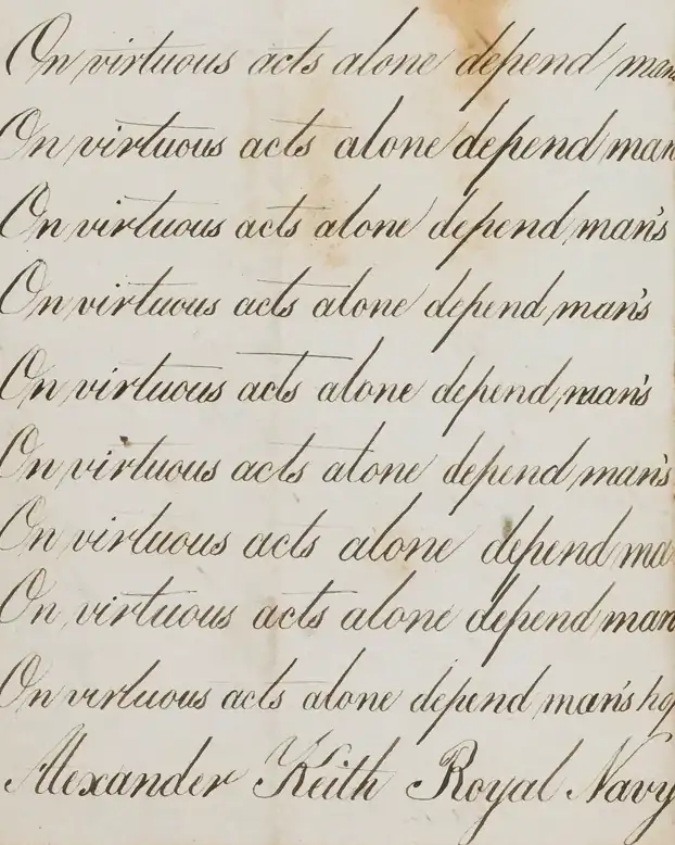 Another copybook page, the same sentence repeated down the page in a looped hand